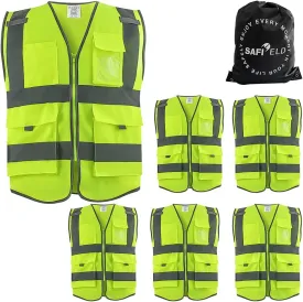 Safety Reflective Work Vest 6 Pack for Men and Women with 8 Pockets and Zipper High Visibility Construction Outerwear