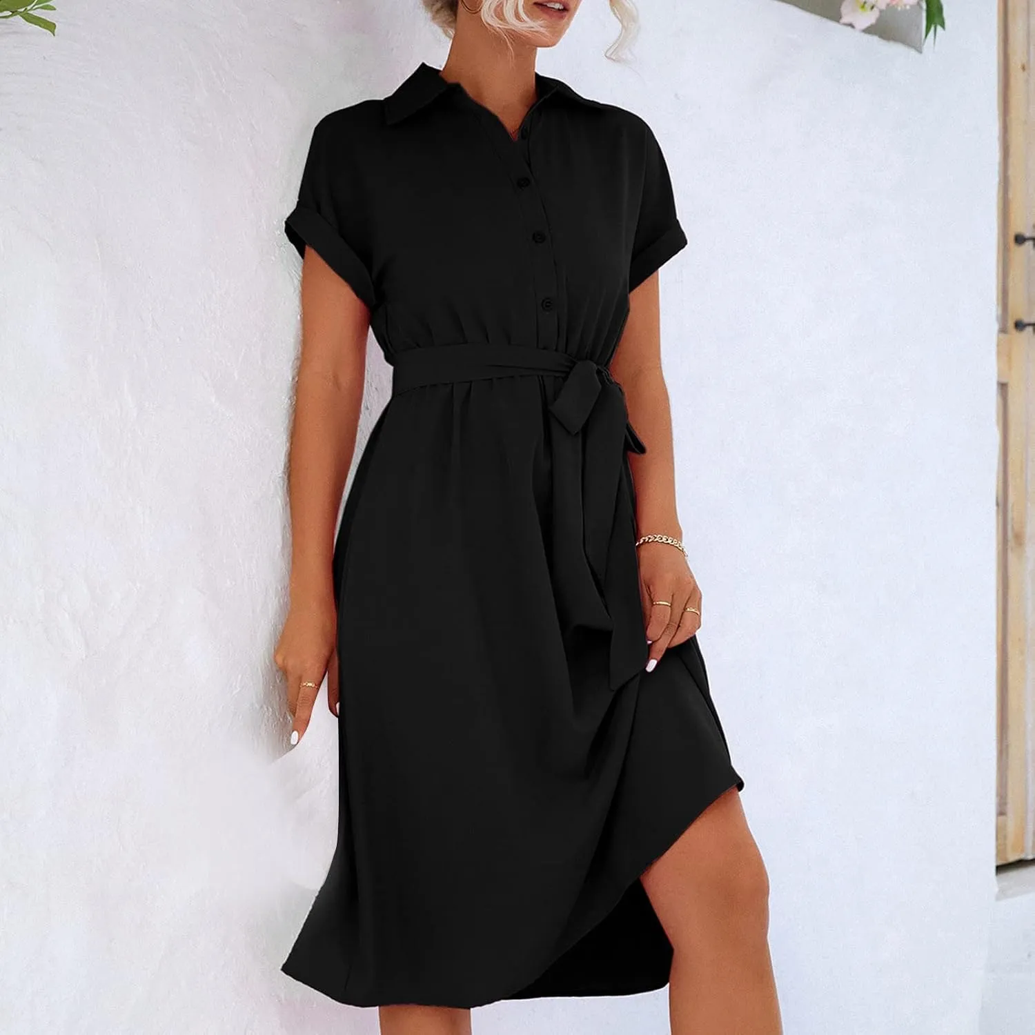 Shirt Dresses for Women, Knee Length Short Sleeve Midi Dress Casual Lapel Neck Button Front Tie Waist Wrap Dress