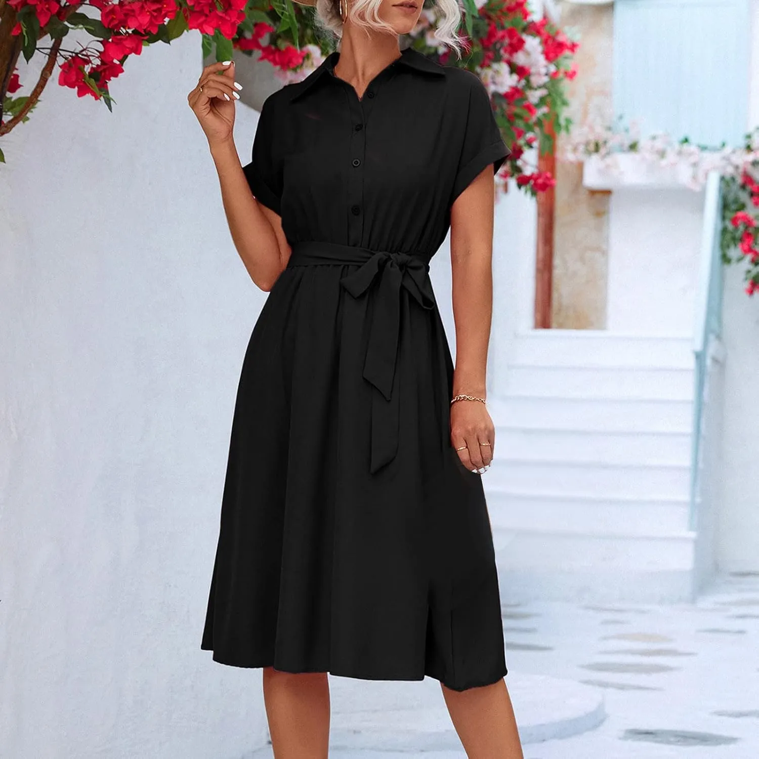 Shirt Dresses for Women, Knee Length Short Sleeve Midi Dress Casual Lapel Neck Button Front Tie Waist Wrap Dress