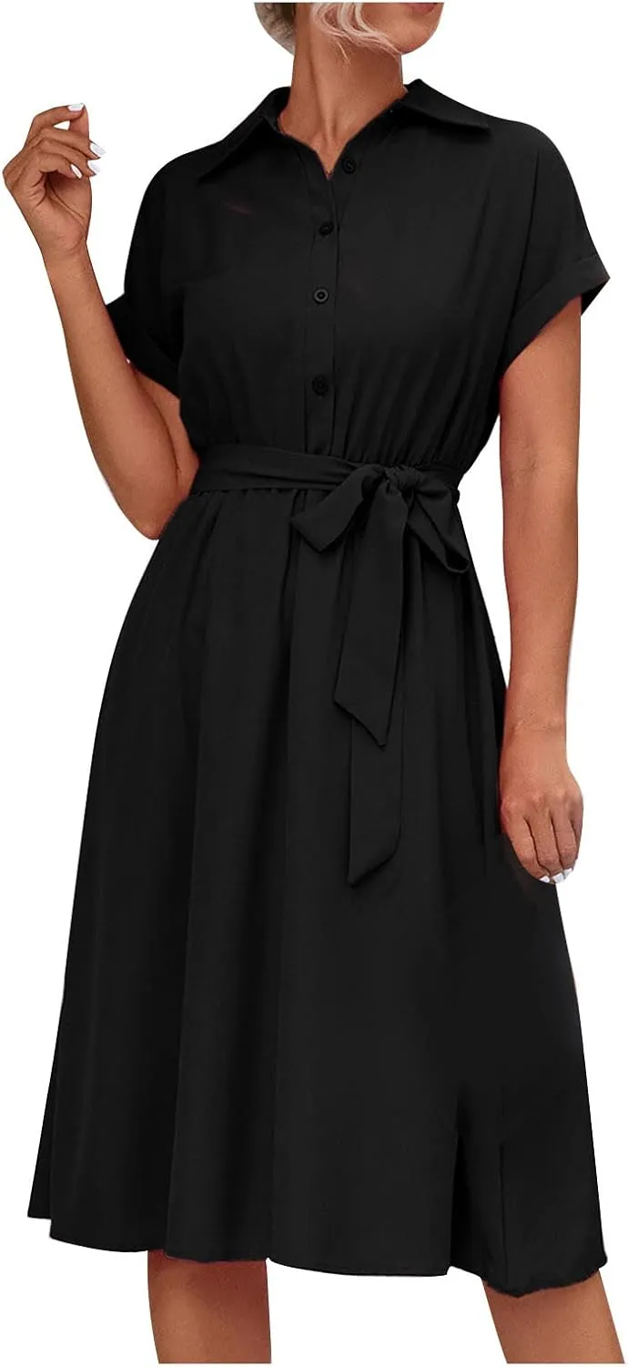 Shirt Dresses for Women, Knee Length Short Sleeve Midi Dress Casual Lapel Neck Button Front Tie Waist Wrap Dress