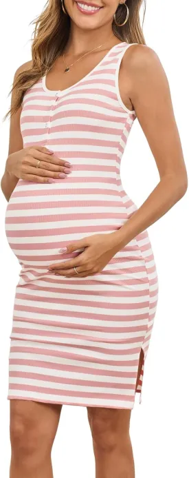 Sleeveless Maternity Nursing Dress Button Knit Split Bodycon Breastfeeding Baby Shower Dresses
