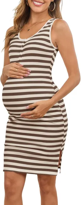 Sleeveless Maternity Nursing Dress Button Knit Split Bodycon Breastfeeding Baby Shower Dresses