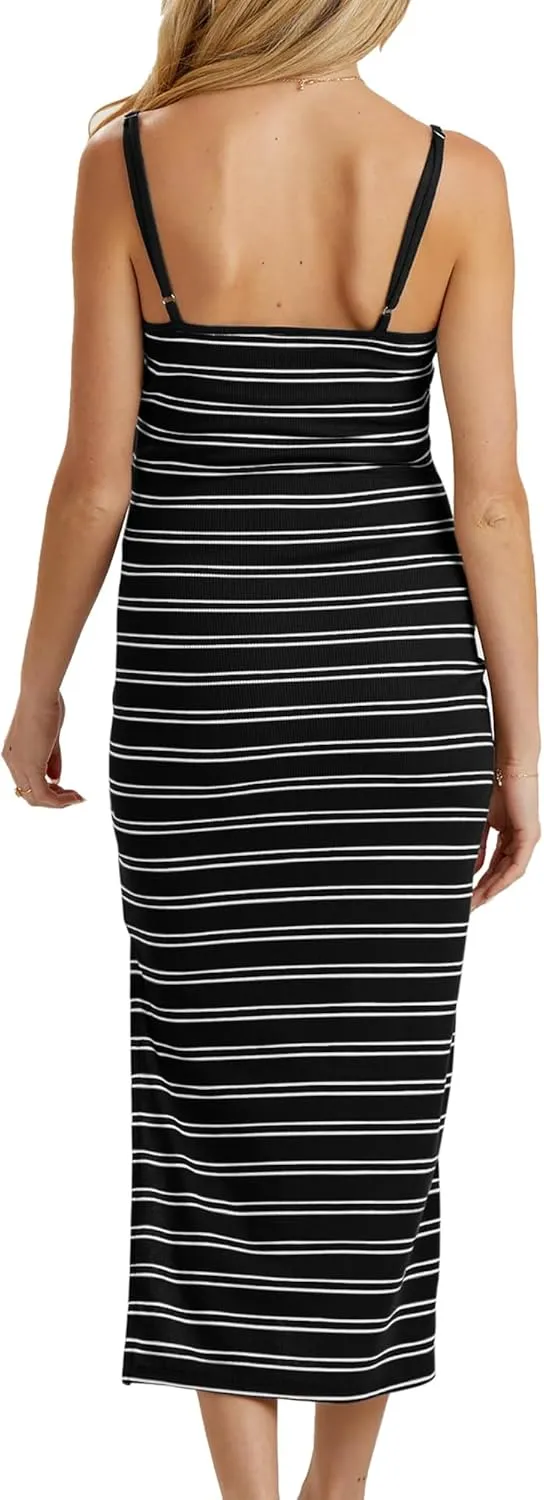 Split Maternity Dress Knit Sleeveless Bodycon Midi Dress for Baby Shower/Photoshoot