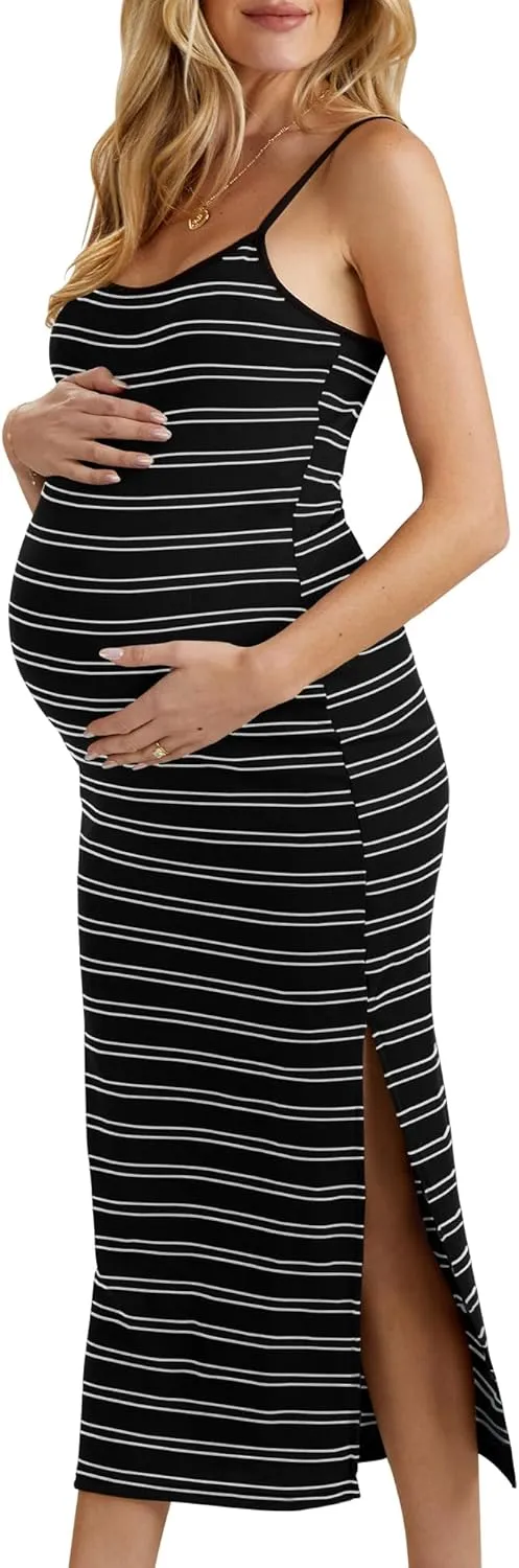 Split Maternity Dress Knit Sleeveless Bodycon Midi Dress for Baby Shower/Photoshoot