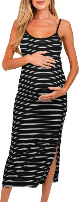 Split Maternity Dress Knit Sleeveless Bodycon Midi Dress for Baby Shower/Photoshoot