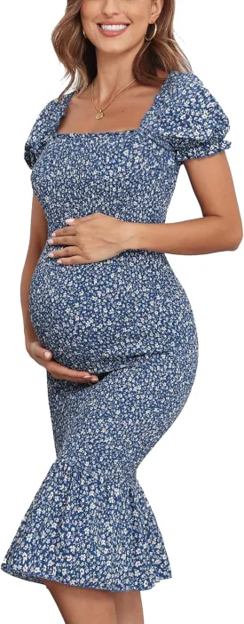 Spring Long Puff Sleeve Maternity Dress Floral Ruffle Hem Mermaid Baby Shower/Photoshoot Dress