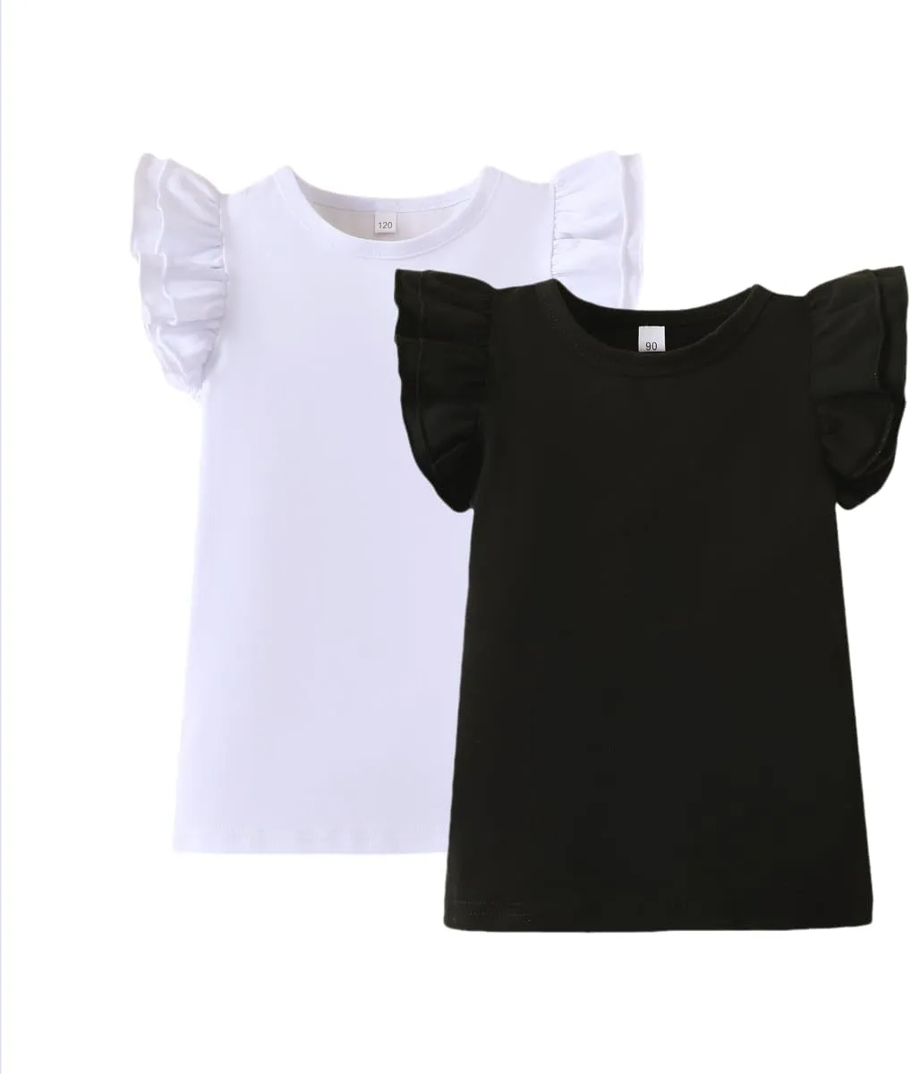 Toddler Baby Girl Shirt Outfit Solid Color Ruffle Flying Sleeve Cotton Tee Tops Kids Girl Blouse 1-7T