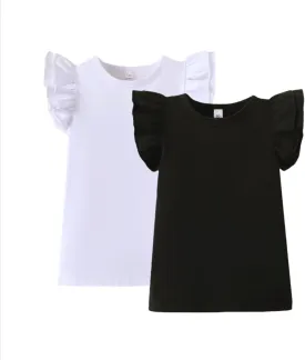 Toddler Baby Girl Shirt Outfit Solid Color Ruffle Flying Sleeve Cotton Tee Tops Kids Girl Blouse 1-7T