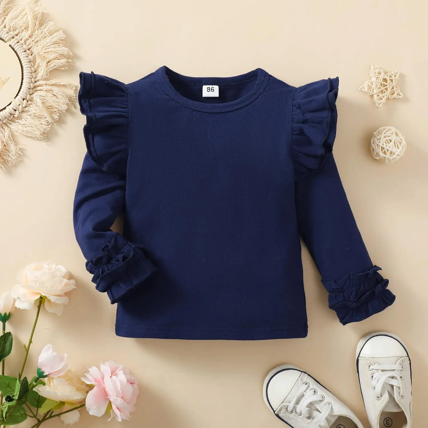 Toddler Baby Girl Solid Color T-Shirt Kids Blouse Plain Ruffle Sleeve Top Cotton Casual Clothes