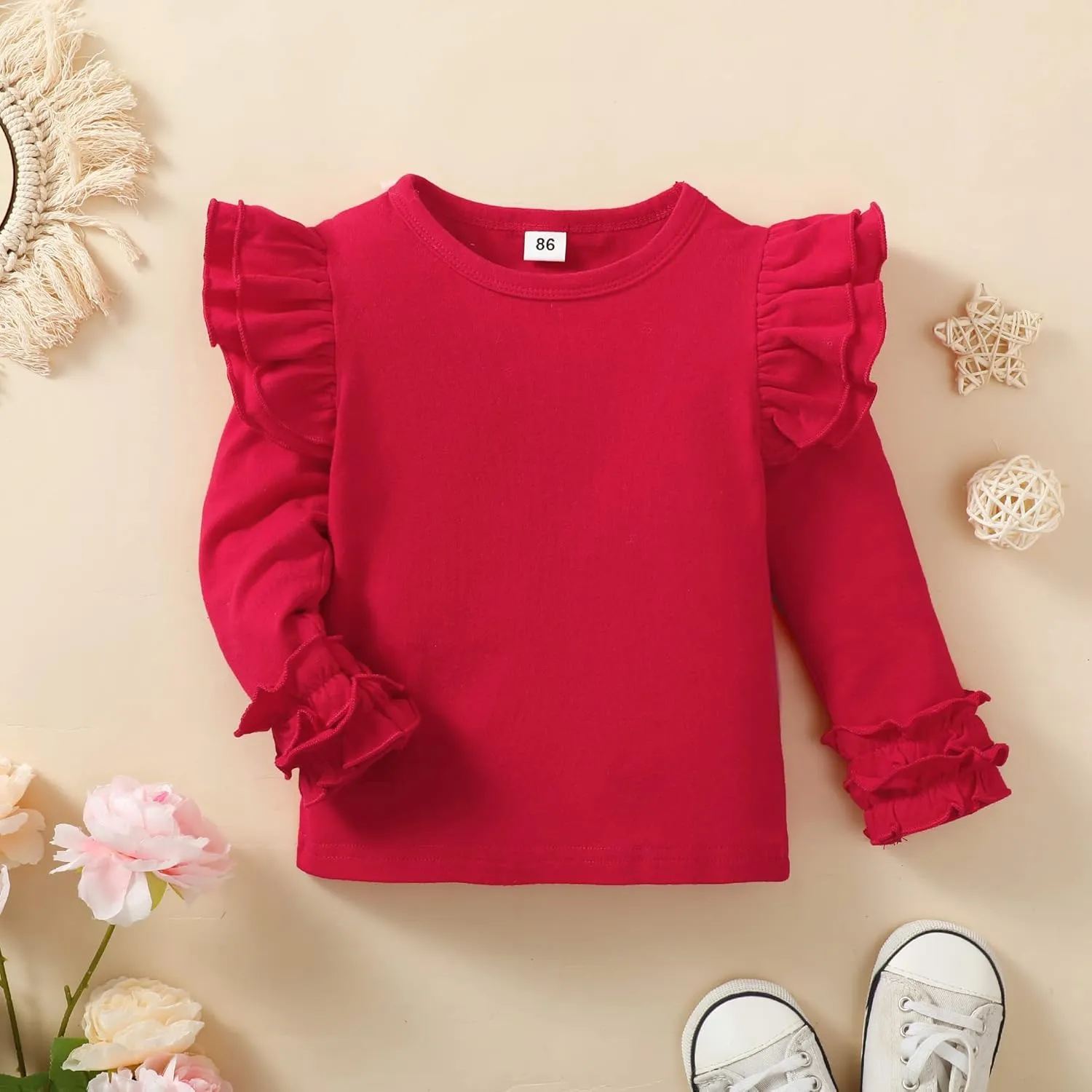 Toddler Baby Girl Solid Color T-Shirt Kids Blouse Plain Ruffle Sleeve Top Cotton Casual Clothes