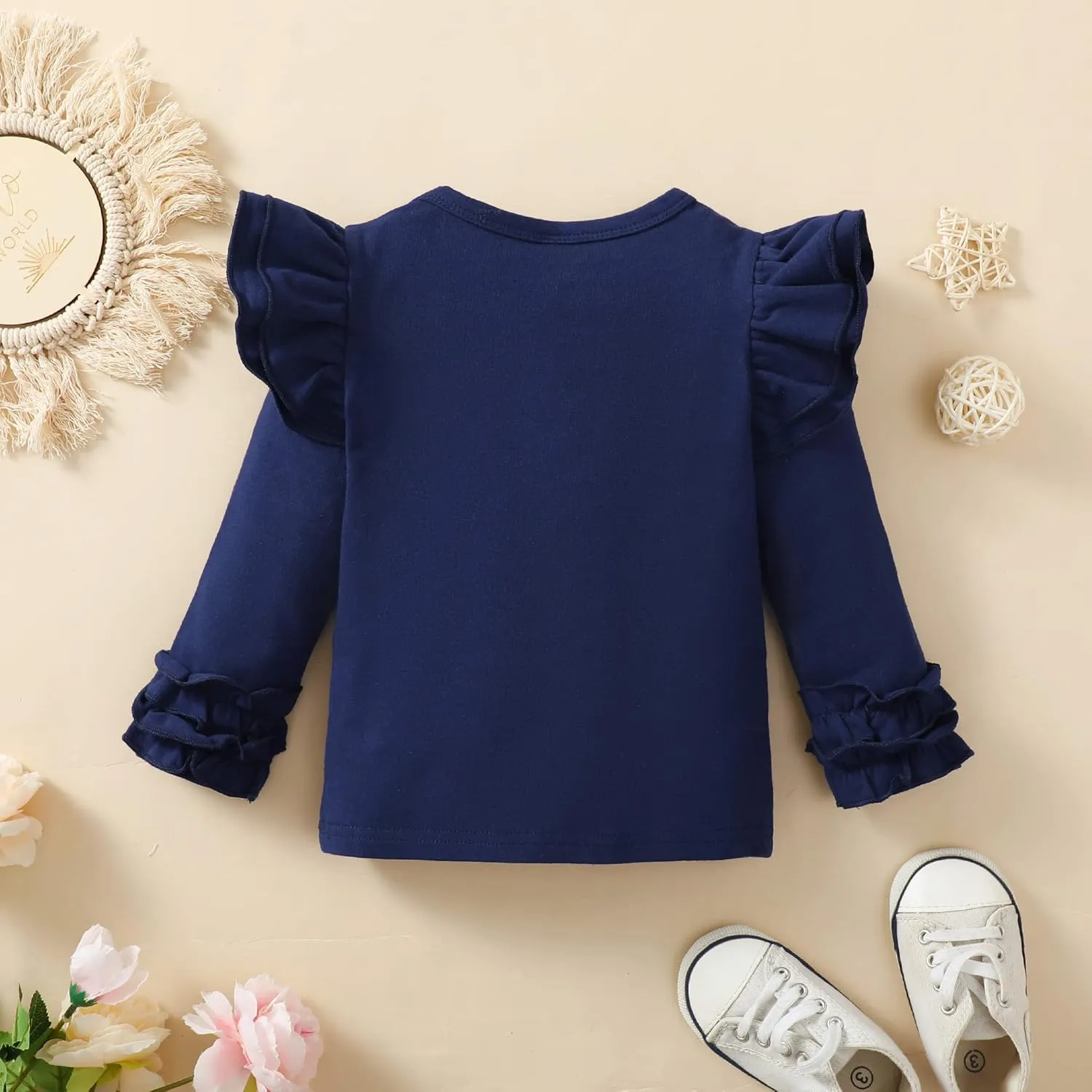 Toddler Baby Girl Solid Color T-Shirt Kids Blouse Plain Ruffle Sleeve Top Cotton Casual Clothes