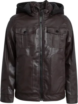 URBAN REPUBLIC Boys Jacket  Faux Leather Biker Jacket  Casual Sherpa Lined Moto Jacket with Sweatshirt Hood (4-20)