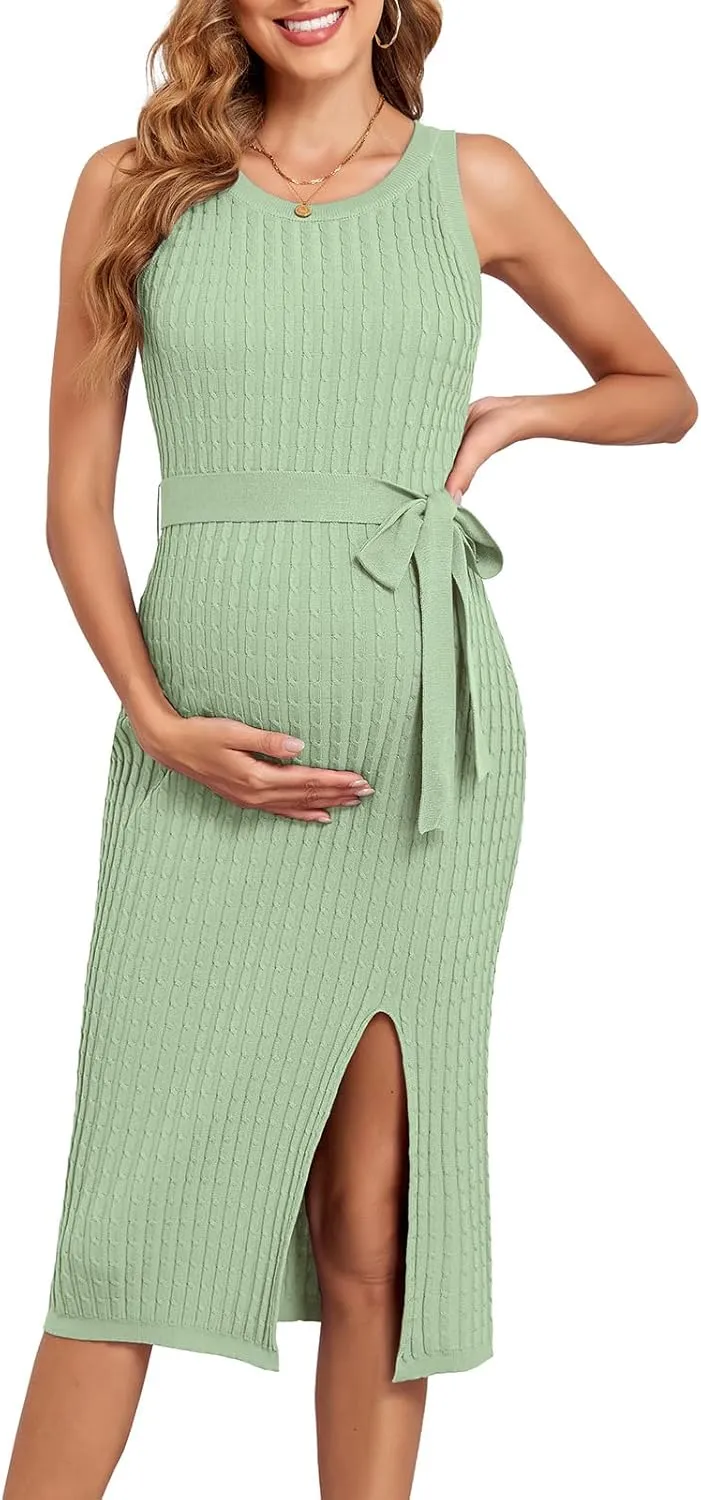 V FOR CITY Maternity Dress for Baby Shower Cable Knit Slit Pregnancy Dresses Casual Sleeveless Bodycon Pregnant Clothes
