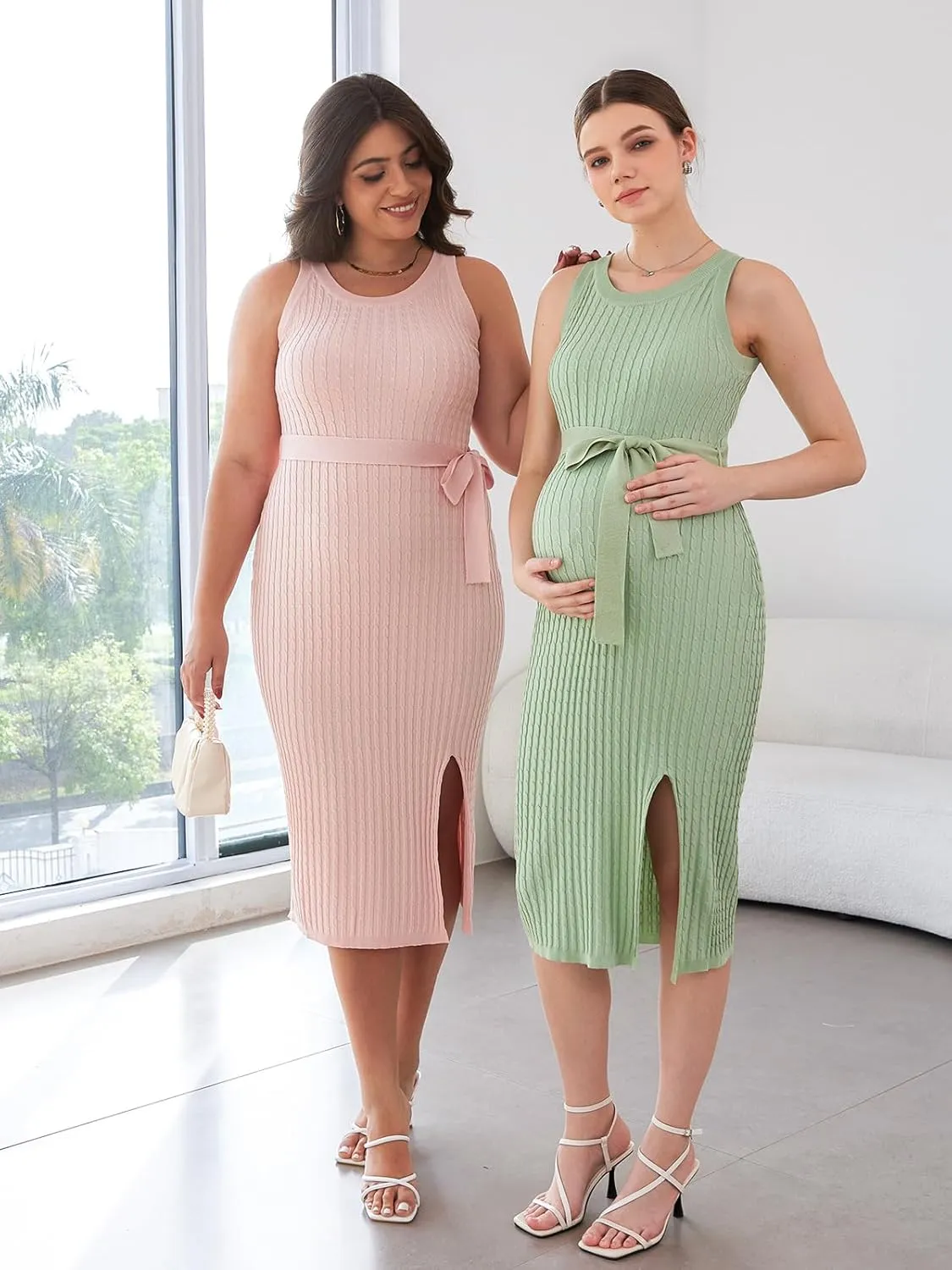 V FOR CITY Maternity Dress for Baby Shower Cable Knit Slit Pregnancy Dresses Casual Sleeveless Bodycon Pregnant Clothes