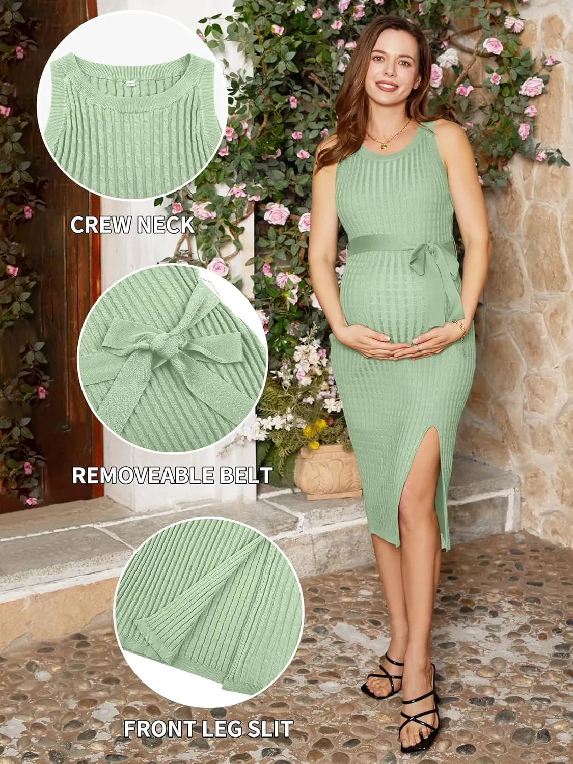 V FOR CITY Maternity Dress for Baby Shower Cable Knit Slit Pregnancy Dresses Casual Sleeveless Bodycon Pregnant Clothes