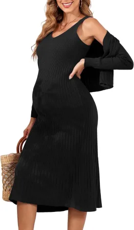 V FOR CITY Maternity Dress for Baby Shower Pregnancy Photoshoot Midi Bodycon Pleated A-Line Cropped Cardigan 2 Piece Sets