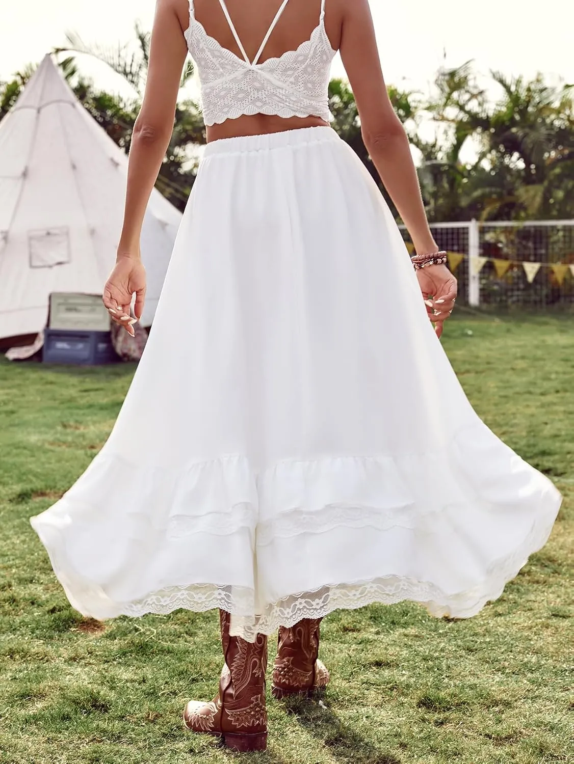 Verdusa Women's Western Boho Lace Asymmetrical Skirt Ruffle Country Cowgirl Skirts