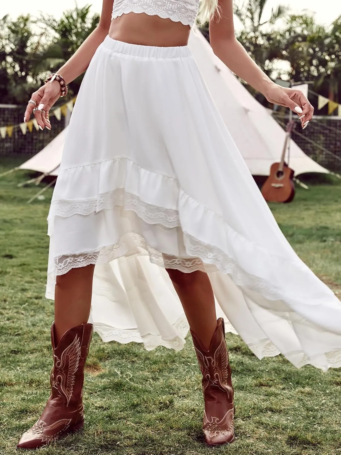 Verdusa Women's Western Boho Lace Asymmetrical Skirt Ruffle Country Cowgirl Skirts