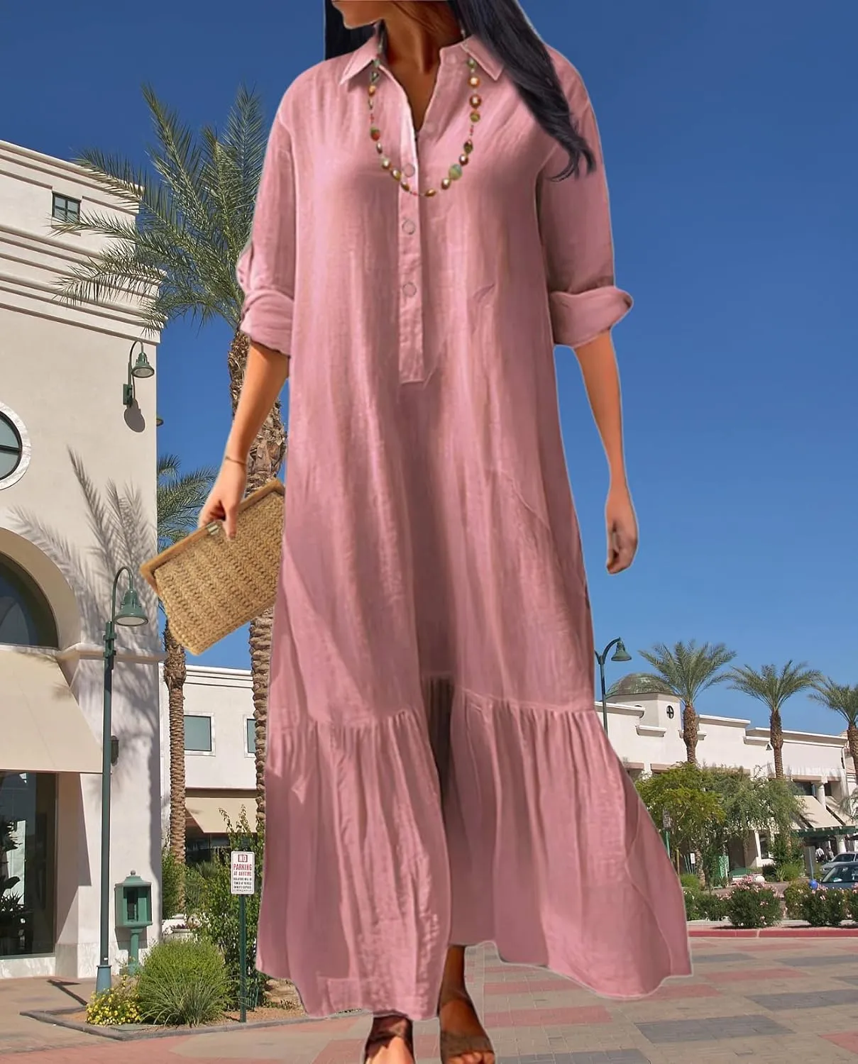 Vintage Button Up Linen Blend Shirt Dress 2025 Spring-Lapel Collar Ruffles Office Weekend Brunch Outfits