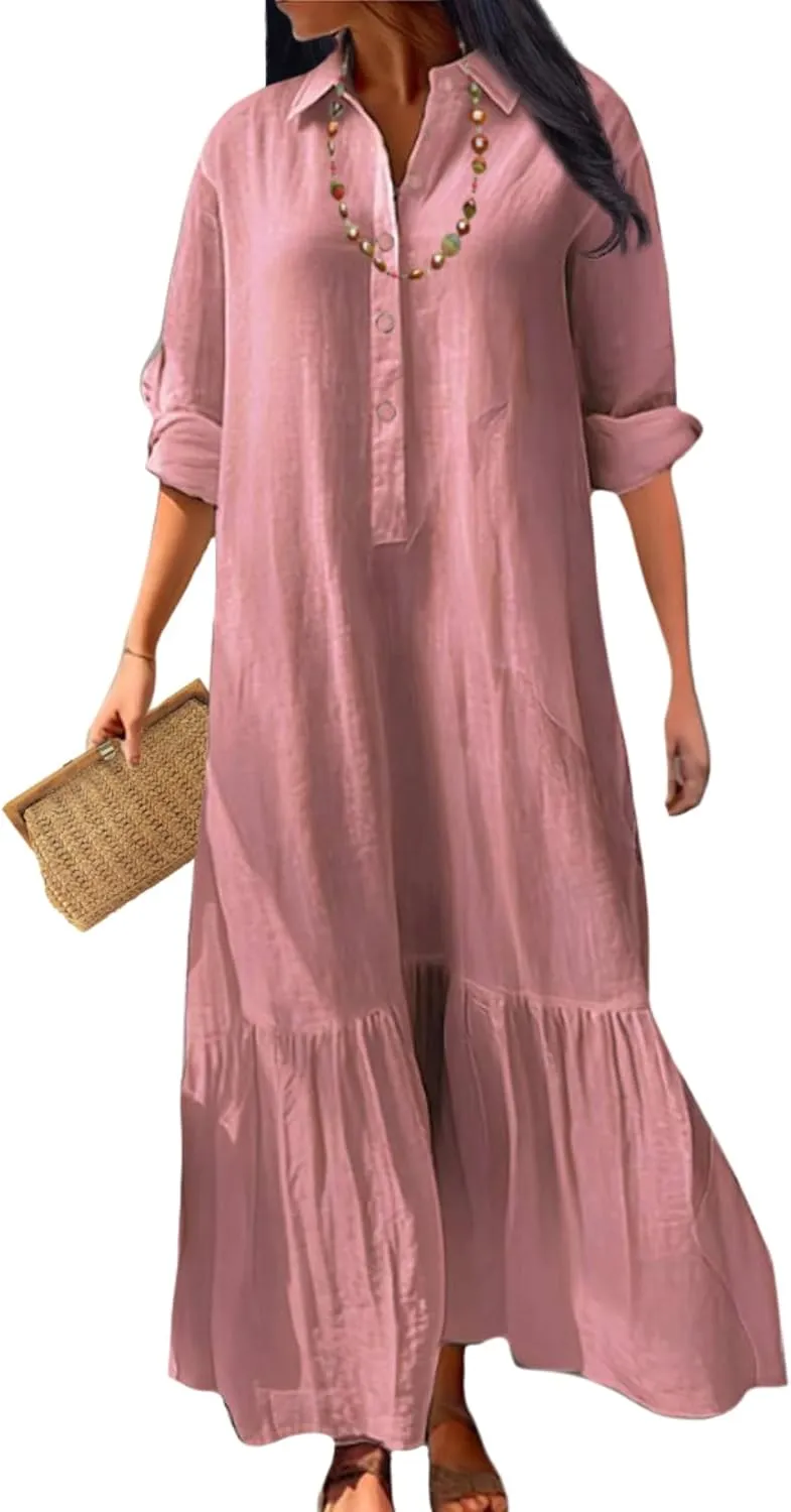 Vintage Button Up Linen Blend Shirt Dress 2025 Spring-Lapel Collar Ruffles Office Weekend Brunch Outfits