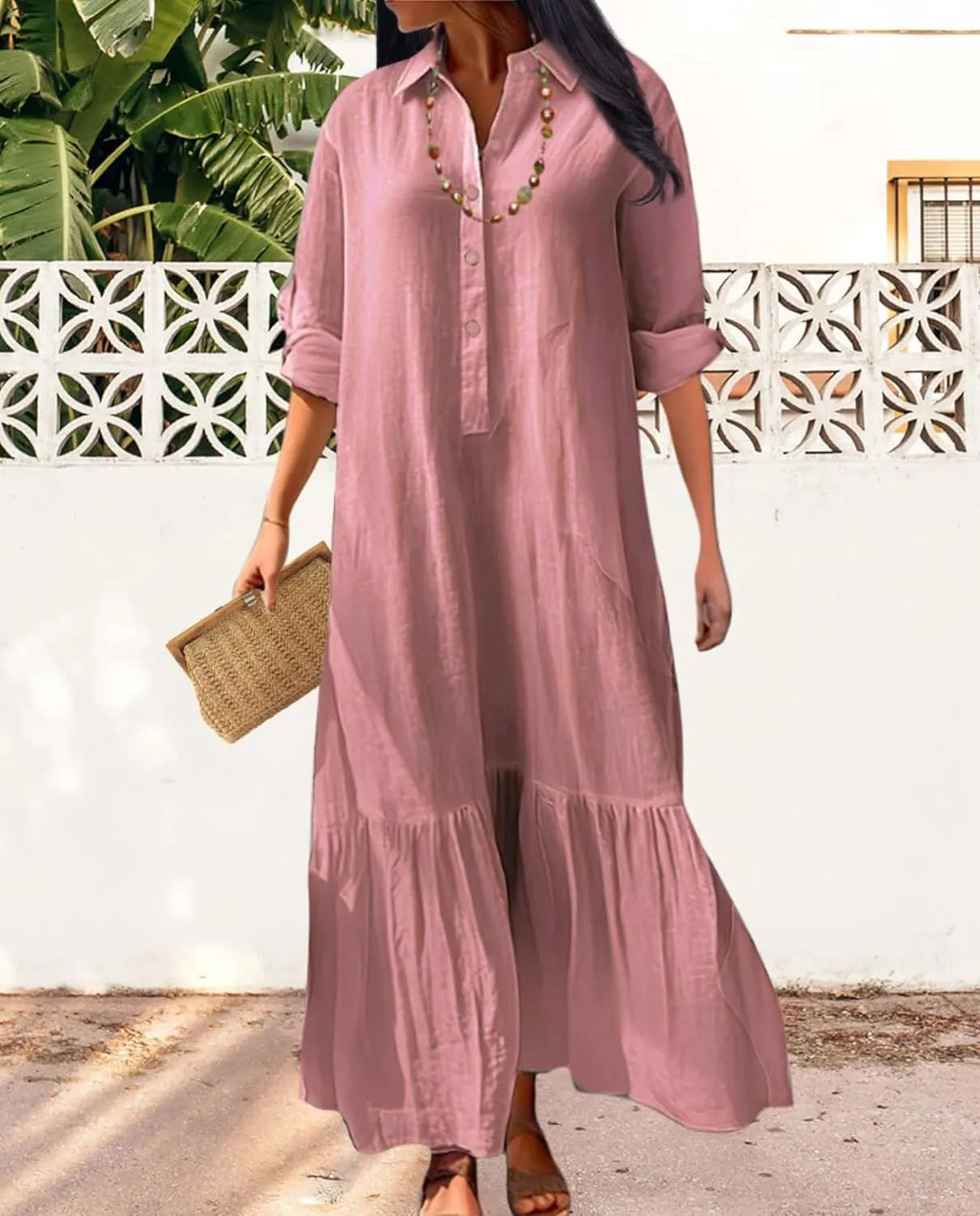 Vintage Button Up Linen Blend Shirt Dress 2025 Spring-Lapel Collar Ruffles Office Weekend Brunch Outfits