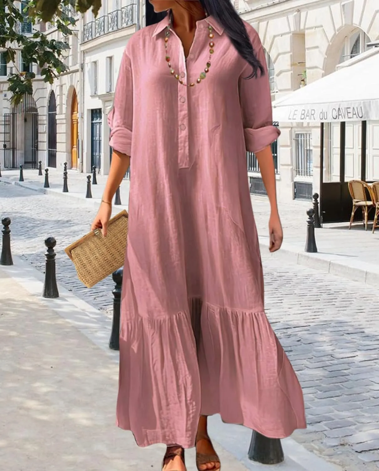 Vintage Button Up Linen Blend Shirt Dress 2025 Spring-Lapel Collar Ruffles Office Weekend Brunch Outfits