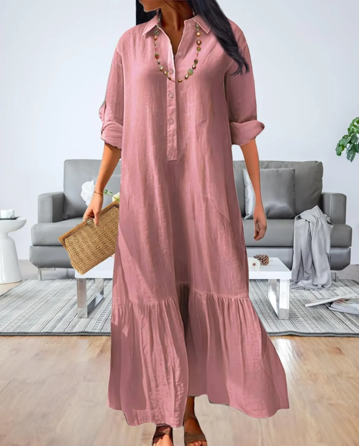 Vintage Button Up Linen Blend Shirt Dress 2025 Spring-Lapel Collar Ruffles Office Weekend Brunch Outfits