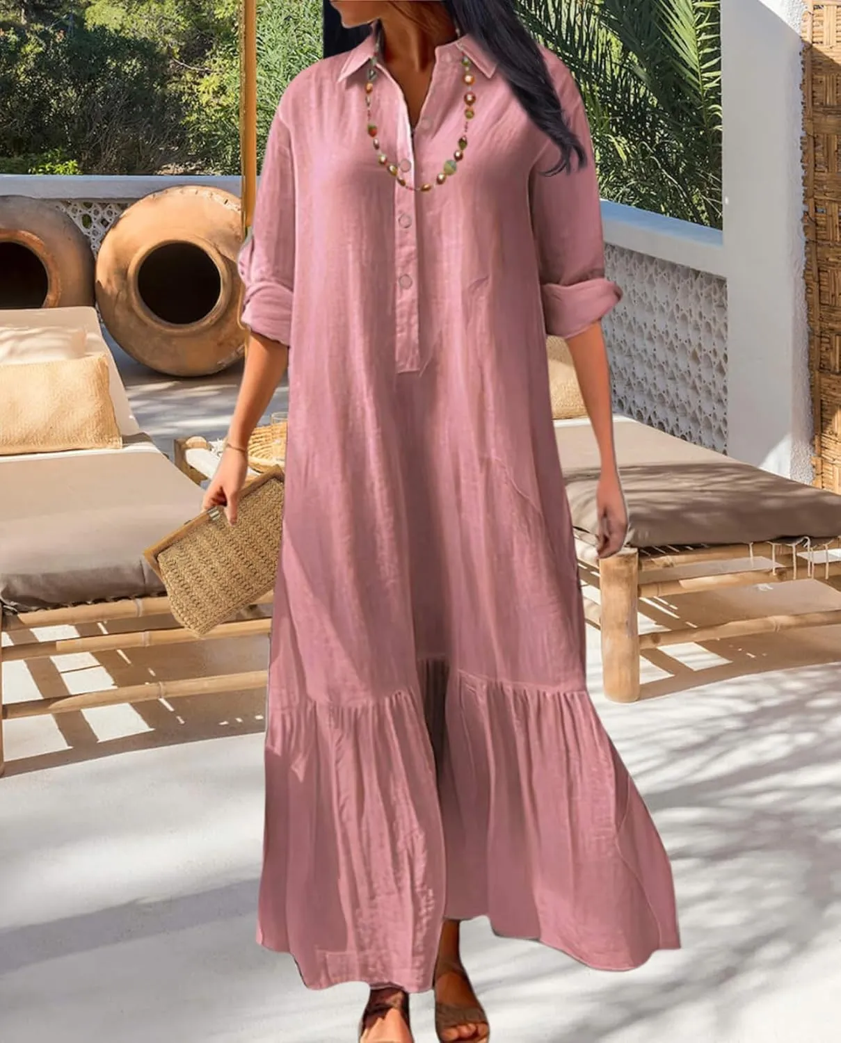 Vintage Button Up Linen Blend Shirt Dress 2025 Spring-Lapel Collar Ruffles Office Weekend Brunch Outfits