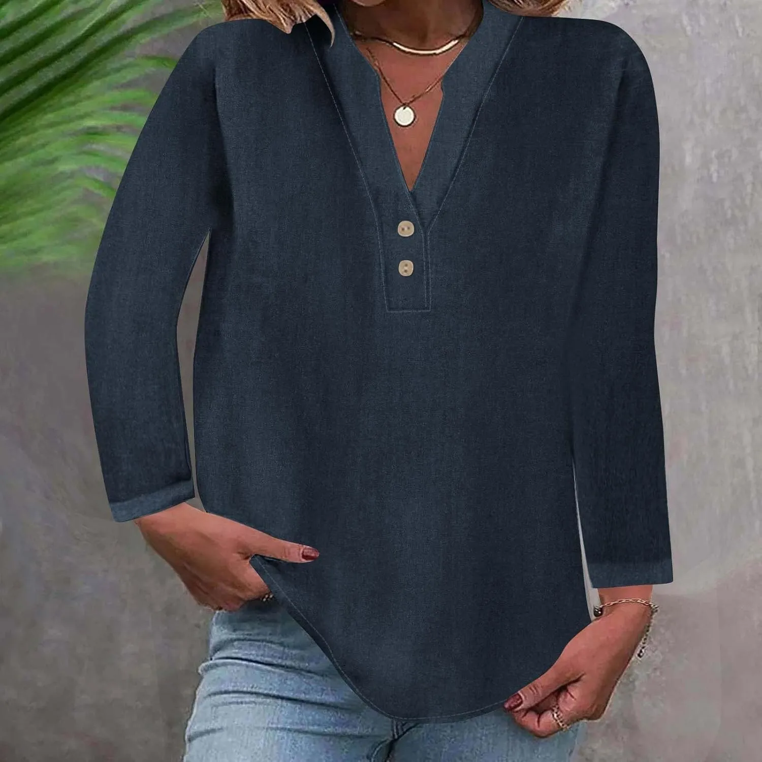 Womens Casual Long Sleeve Tops Dress Shirts Relaxed Fit Cotton Linen Shirts Ladies 2024 Fall V Neck Fashion Pullover