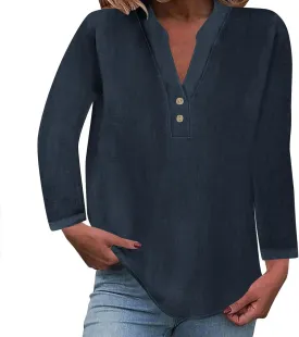 Womens Casual Long Sleeve Tops Dress Shirts Relaxed Fit Cotton Linen Shirts Ladies 2024 Fall V Neck Fashion Pullover