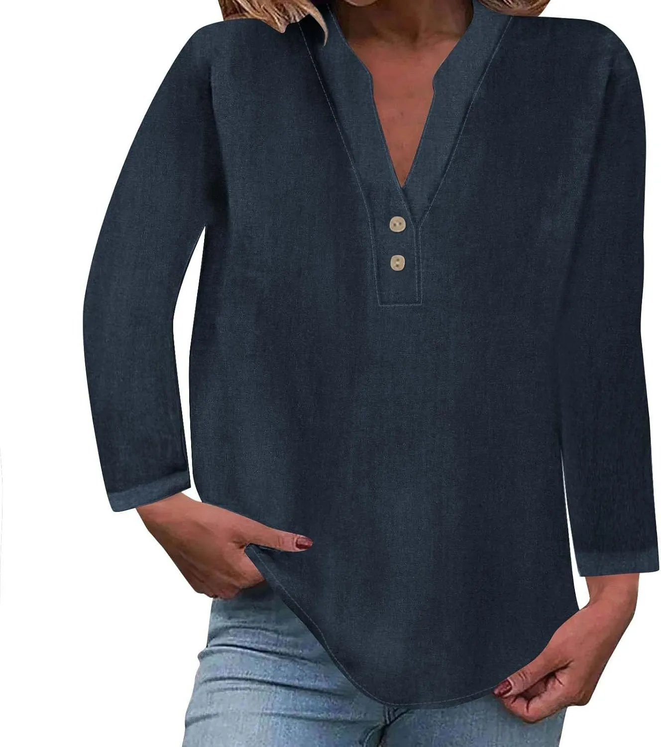 Womens Casual Long Sleeve Tops Dress Shirts Relaxed Fit Cotton Linen Shirts Ladies 2024 Fall V Neck Fashion Pullover