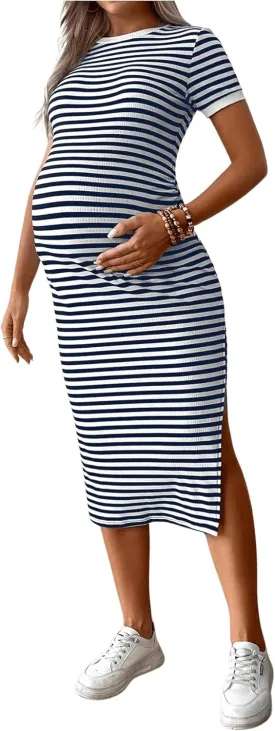 Women's Casual Striped Maternity Dress Short Sleeve Sleeve Split Thigh Bodycon Dresses Pregnancy Clothes