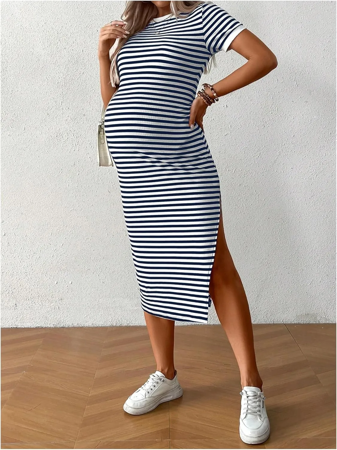 Women's Casual Striped Maternity Dress Short Sleeve Sleeve Split Thigh Bodycon Dresses Pregnancy Clothes