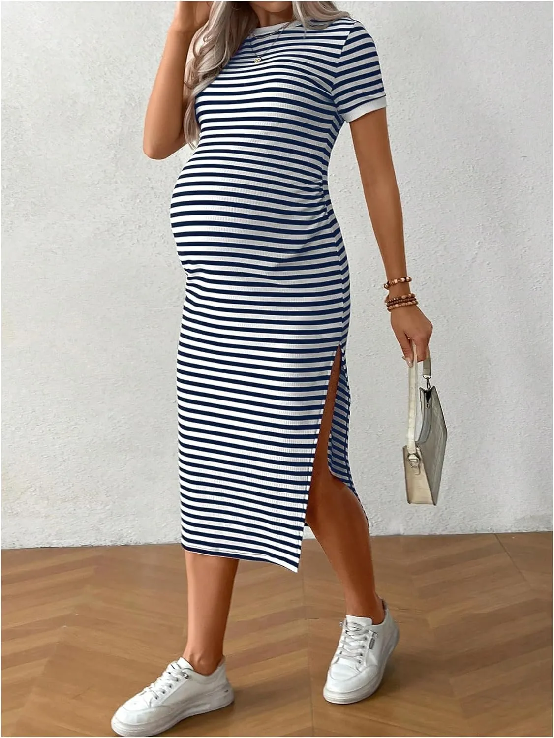Women's Casual Striped Maternity Dress Short Sleeve Sleeve Split Thigh Bodycon Dresses Pregnancy Clothes