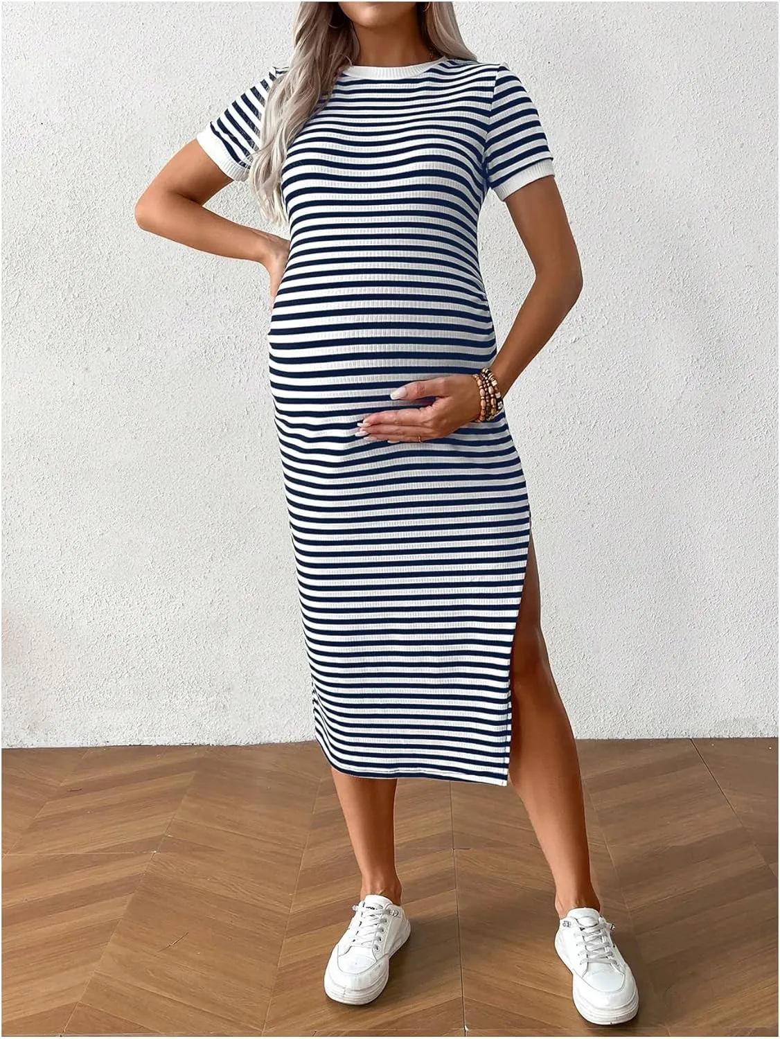 Women's Casual Striped Maternity Dress Short Sleeve Sleeve Split Thigh Bodycon Dresses Pregnancy Clothes
