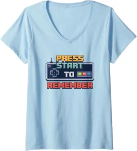 Womens Press Start To Remember 80s 90s Vintage Geek Video Game V-Neck T-Shirt