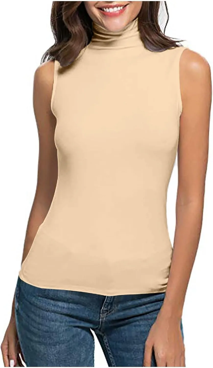 Womens Sleeveless Turtleneck Tops Plus Size Mock High Neck Tank Tops Slim Fitted Undershirt Basic Layer Tees